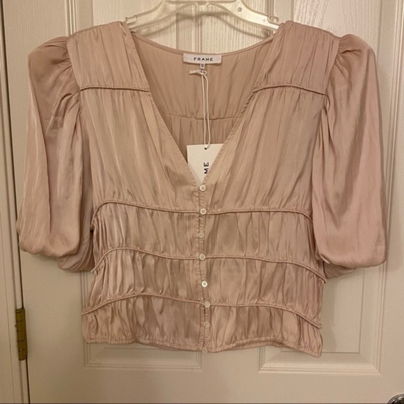 FRAME Julianne Puff Sleeve Crop Blouse in Blush XL - Picture 4 of 9